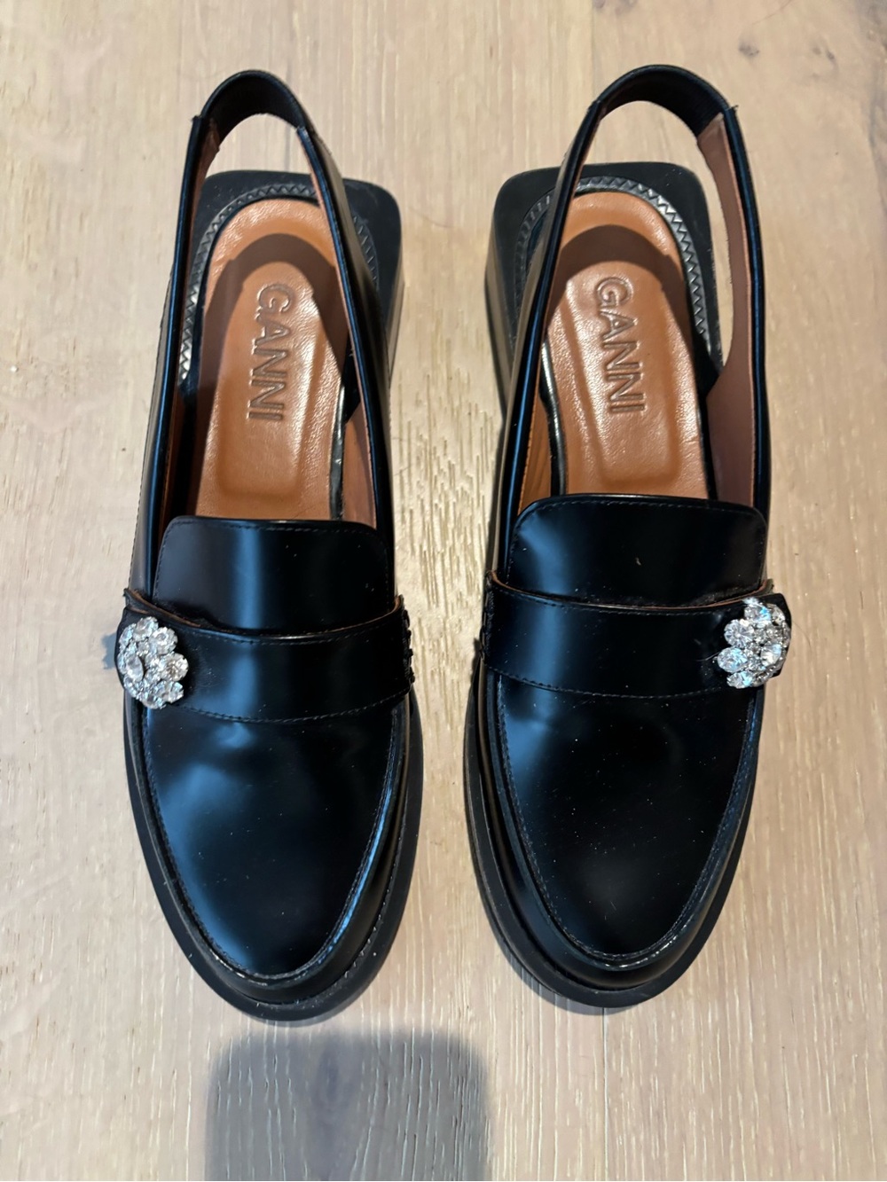 Ganni Black Leather Slingback Loafers with Crystal Brooch